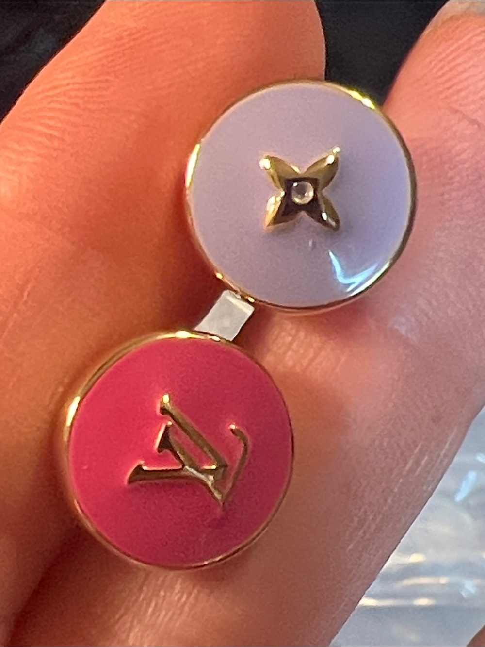 Designer-Inspired Pink and Lavender Round Logo Stud Earrings - Picture 4 of 5